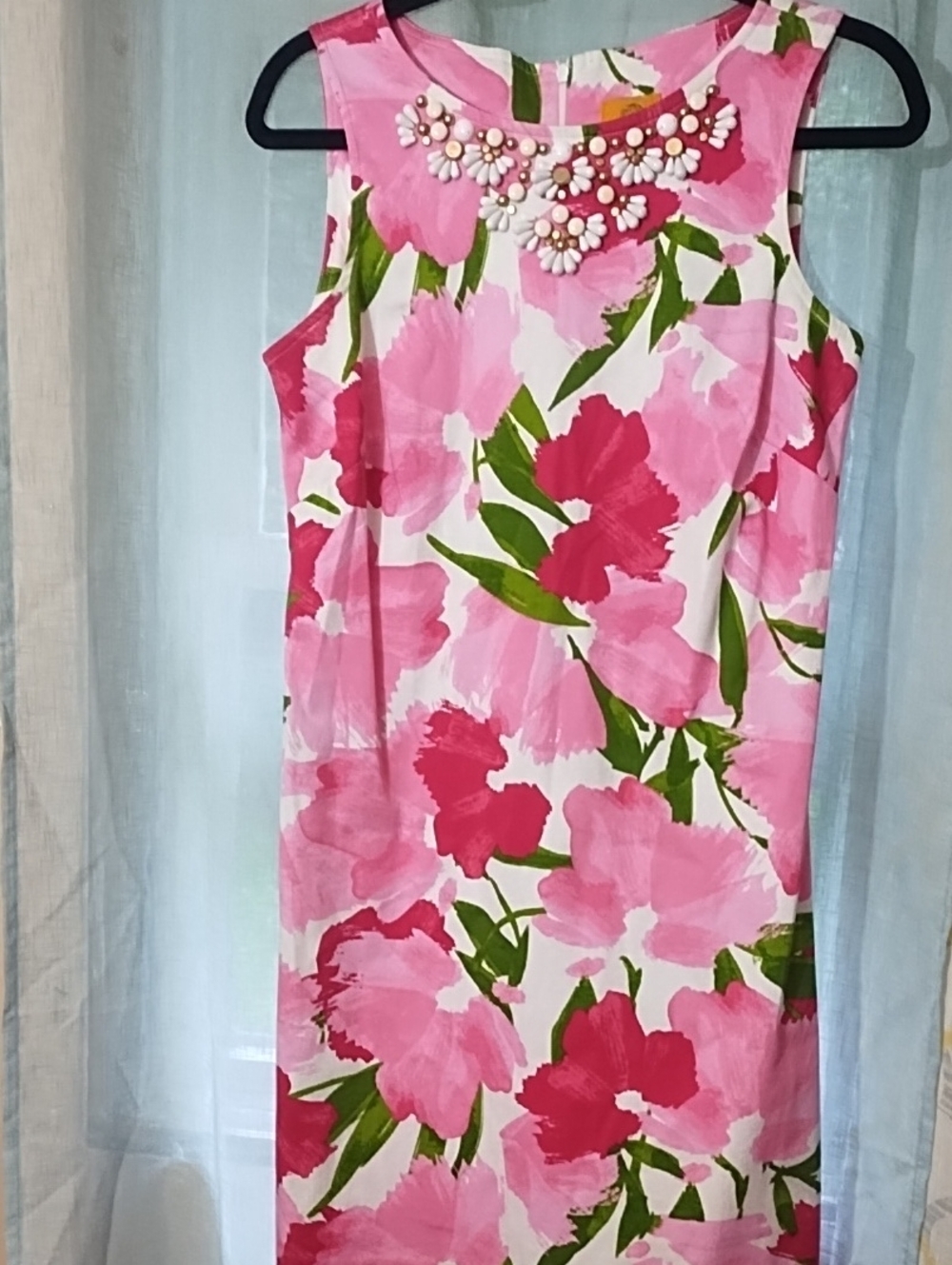 Ruby Rd. Pink Floral Sleeveless Shift Dress with Beaded Neck Excellent Size 6.
